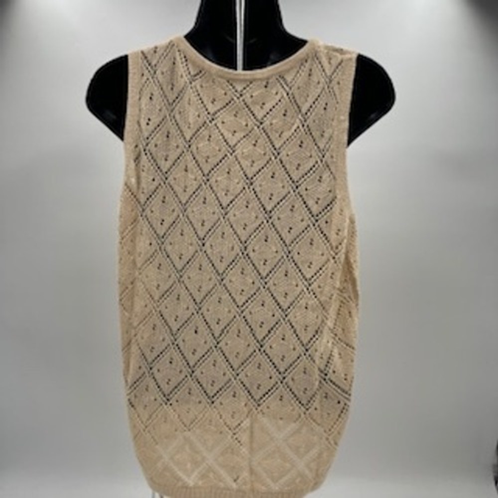 FISOEW Women Khaki Pointelle Knit V-Neck Sweater Vest Diamond Open Weave Size M - Picture 3 of 8